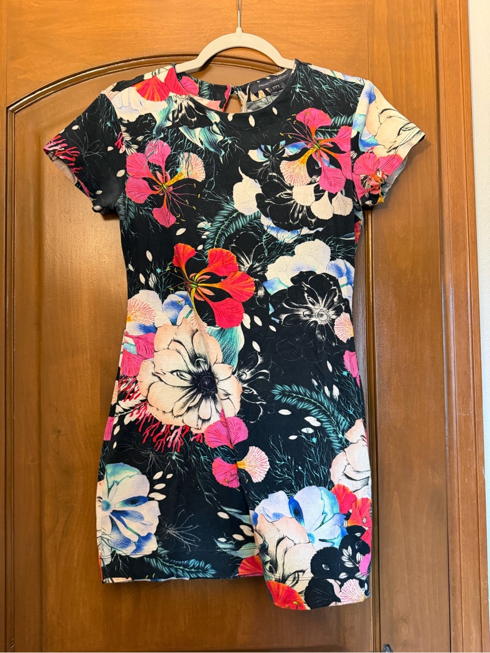 French Connection Black Floral Shift Dress - Bright Pink & White Blooms
